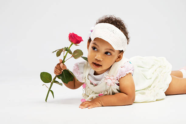 Lovely little girl with a rose lying on white background
