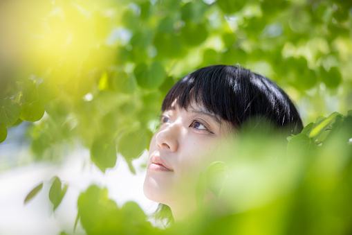 istock Portrait of woman under the tree, surrounded by green leaves - looking up 1493335640