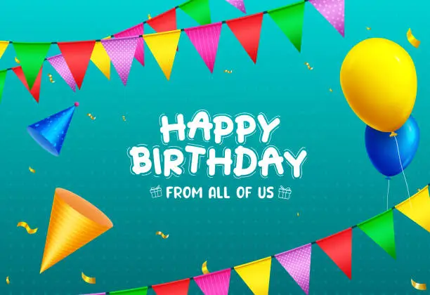 Vector illustration of Happy birthday text vector design. Birthday pennants, streamers and balloons in colorful party elements.