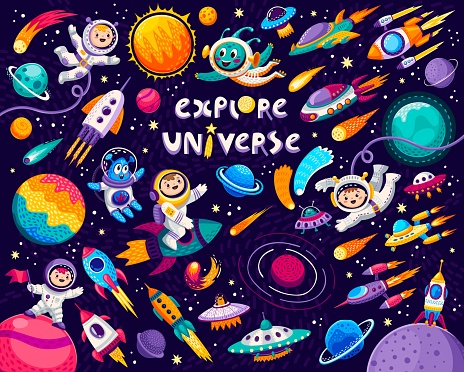 Cartoon kids space and galaxy, astronauts, planets and rockets. Vector cosmic repeated background with funny cosmonauts in space suits flying in universe among shuttles, comets, stars and satellites