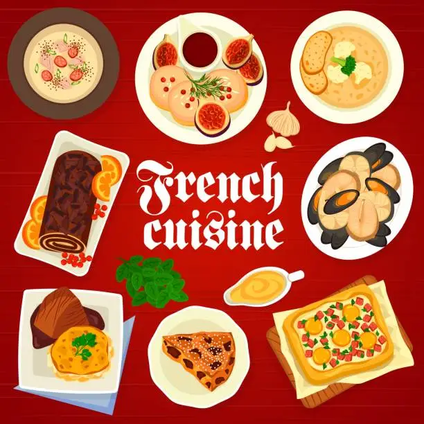 Vector illustration of French cuisine menu cover, food dishes and meals