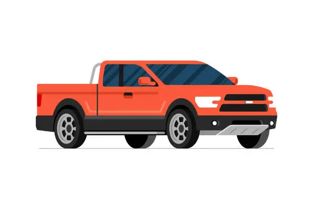 Vector illustration of American suv pickup. 4x4 red truck isometric view. Off-road car on white background. Modern offroad transport. Passenger vehicle with cargo body isolated vector illustration in flat style