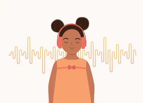 Vector illustration of Black Little Girl Listening To Music Using Headphones.