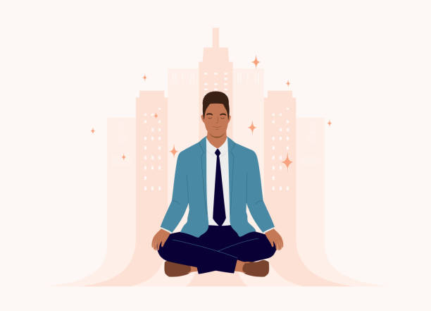 illustrations, cliparts, dessins animés et icônes de homme d’affaires noir faisant de la méditation assis les jambes croisées et les yeux fermés. - men yoga meditating cross legged