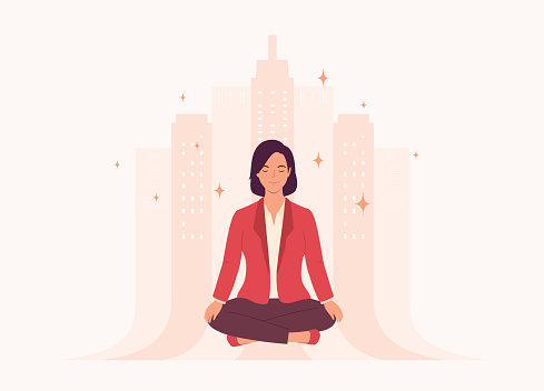 One Smiling Businesswoman Doing Meditation While Sitting In Cross-Legged And Eyes Closed. Isolated On Color Background.