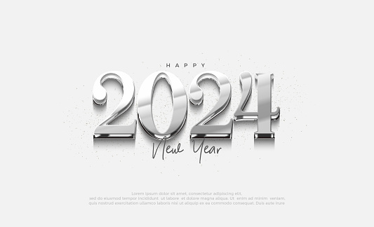 New year 2024 number with silver metallic numerals. Premium vector design for banner, poster, social post and happy new year greeting.
