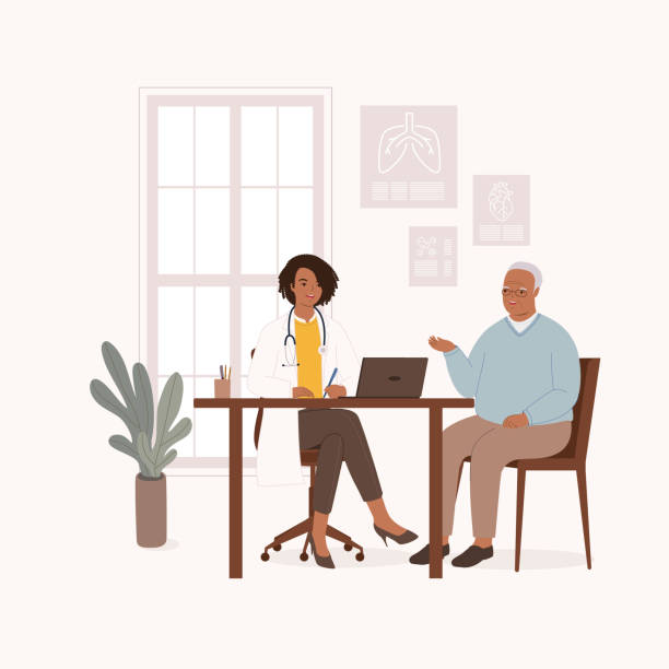 Black Female Doctor Having A Clinical Consultation With A Senior Man Patient At Her Office. Smiling Black Female Doctor Or General Practitioner Having A Clinical Consultation While Writing Notes For A Senior Man Patient At Her Office. Isolated On Color Background. old man smiling stock illustrations