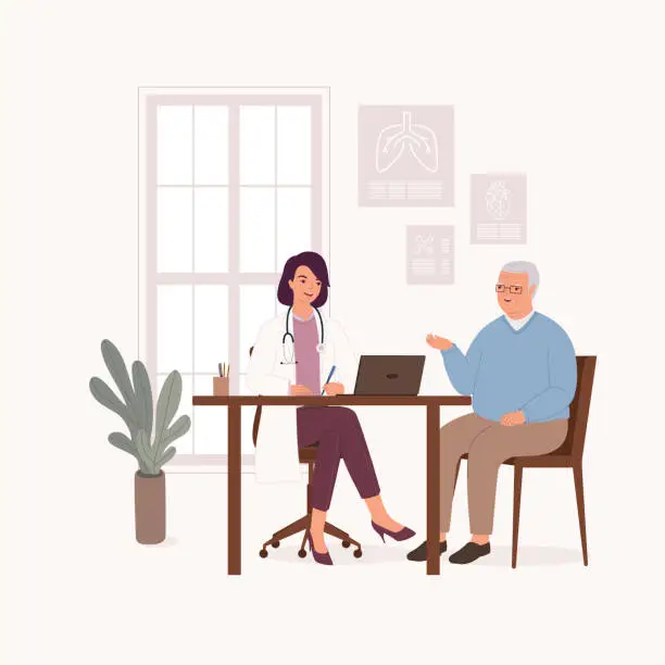 Vector illustration of Female Doctor Having A Clinical Consultation With A Senior Man Patient At Her Office.