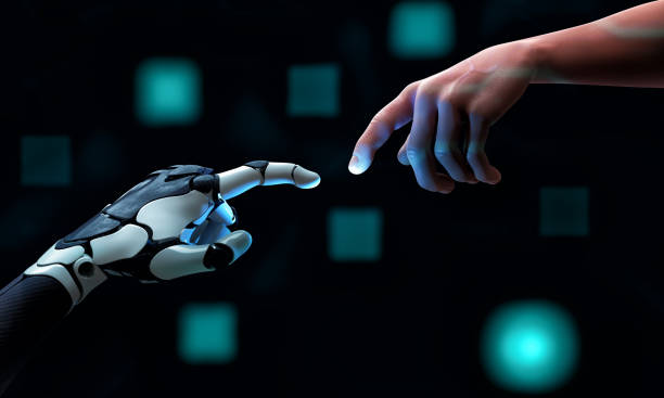 istock Robot hand making contact with human finger on dark blue background. Business communication and Innovation technology concept. 3D illustration rendering 1493351669