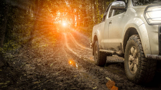 istock Off-road travel on mountain road, with light off sunset. 1493353965