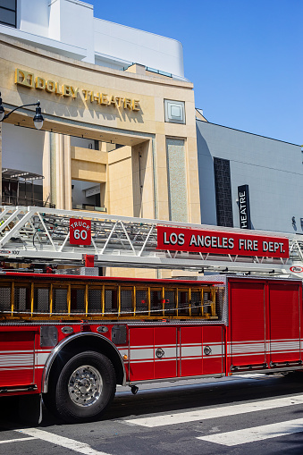 Hollywood, U.S.A. - May 18, 2023. A firetruck drives down Hollywood Boulevard.