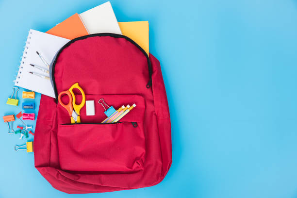 istock Top view Red bag backpack for education children 1493366493