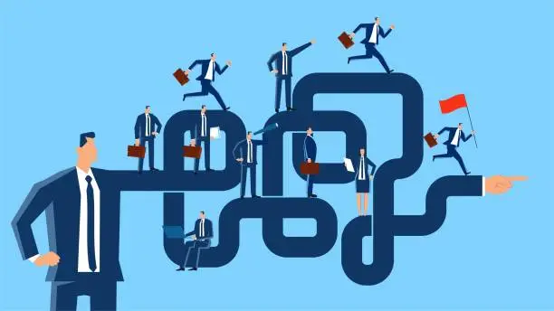 Vector illustration of Business or career guidance, complex paths or problems, business or career solutions, business challenges or mazes, businessmen looking for an exit on a complex path guided by a giant.