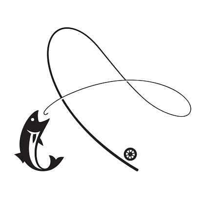 Salmon fishing illustration, fly fishing logo, fishing rod silhouette