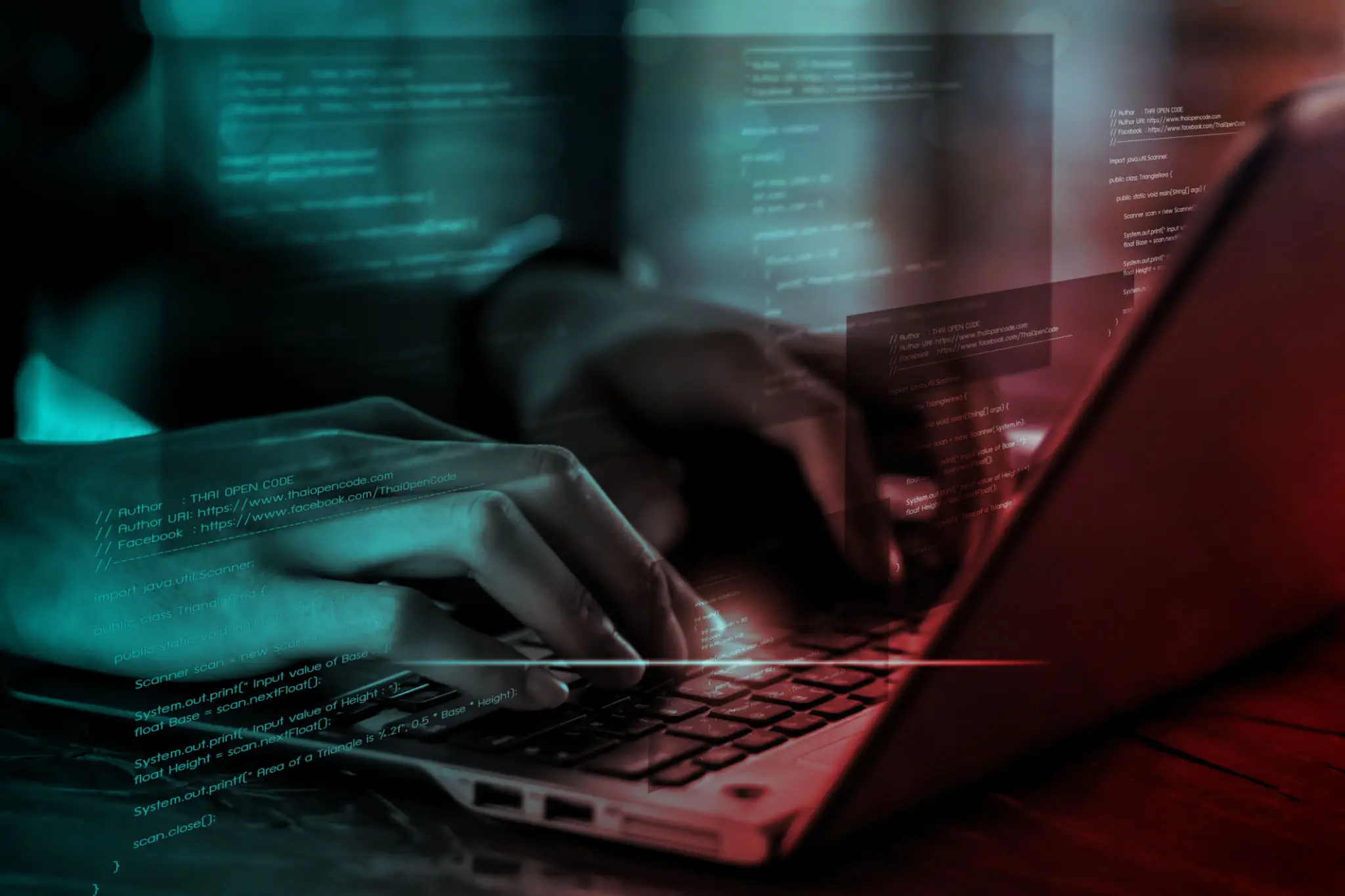 Digital technology, software development concept. Coding programmer, software engineer working on laptop with circuit board and javascript on virtual screen, internet of things IoT