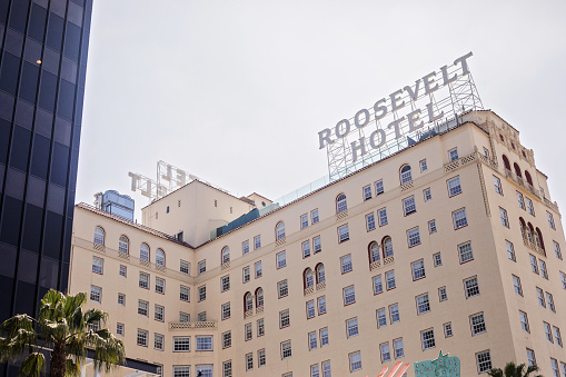 Hollywood, U.S.A. - May 18, 2023. Mid-low angle of the Hollywood Roosevelt Hotel exterior on an overcast day.