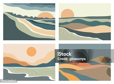 istock Mid century modern minimalist art print. Abstract contemporary aesthetic backgrounds landscapes set with Sun, Moon, sea, mountains. vector illustrations 1493368562