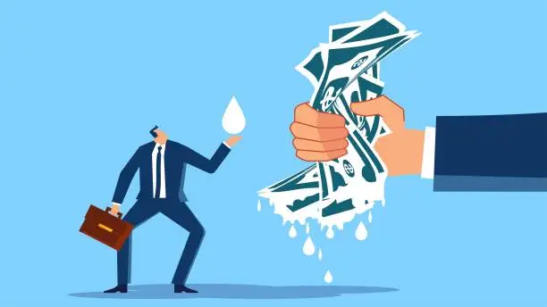 Vector illustration of Save money, reduce finances, gain profits, invest returns, extract value, exploit the class and surplus value, squeeze money with big hands and get money drops