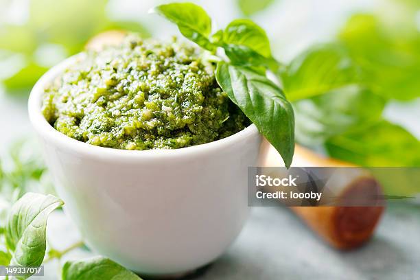 Pesto Stock Photo - Download Image Now - Basil, Bowl, Brightly Lit