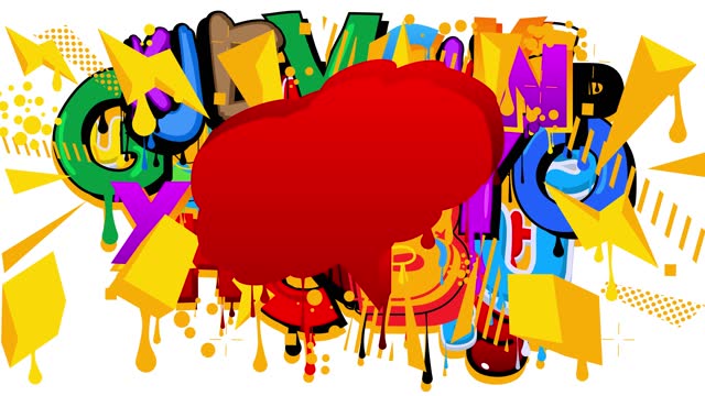 Red Graffiti Speech Bubble on abstract colorful background animation.