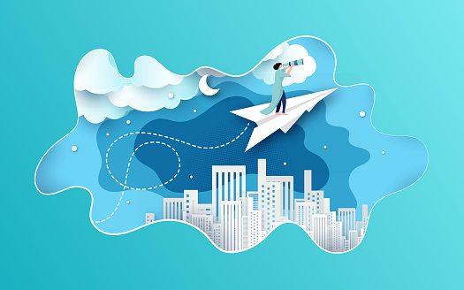 Businesswoman standing on the paper plane stock illustration