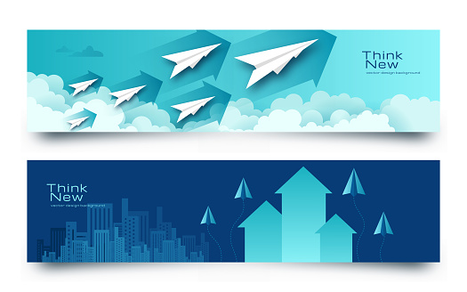 Flying paper plane changing direction new idea different business concept paper art cut style vector illustration.