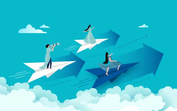 Vector illustration of Business team flying with paper plane. Concept business