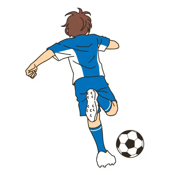 Vector illustration of A back shot of a football player dribbling the ball