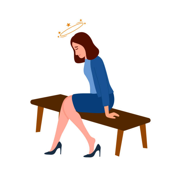 слабая женщина, сидящая на скамейке в плоском дизайне на белом фоне. - confusion female adult white background stock illustrations