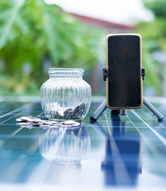 istock Coin and blurred solar panel cell on background with copy space. Money business in renewable energy power resources concept. 1493388052