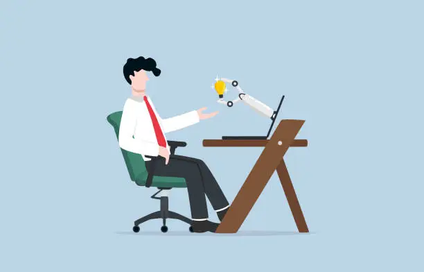 Vector illustration of Artificial intelligence assistant, applying machine learning to work, data analysis with chatbot concept, Businessman receiving knowledge from robotic hand coming out of laptop screen.