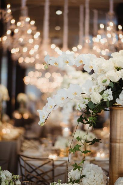 istock Close up of white orchids at a wedding reception 1493391770