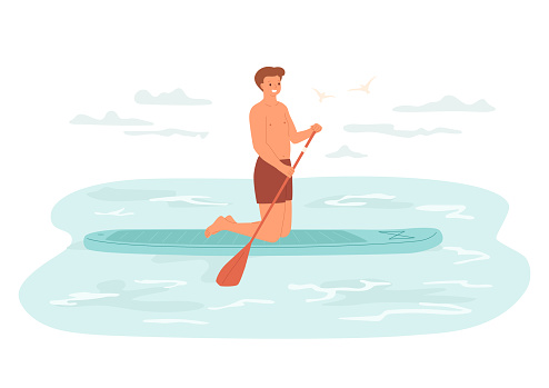Happy young man resting at sea. Isolated character. Vector summer activities illustration .