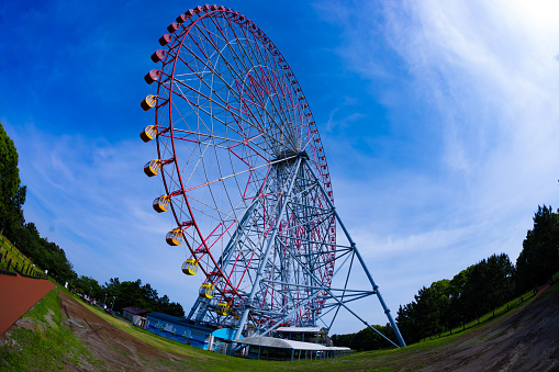 A ferris wheel at the park behind the blue sky. High quality photo. Edogawa district Rinkaicho Tokyo Japan 05.10.2023 It is ferris wheel in Tokyo.