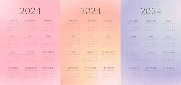 Vector illustration of 2024 Calendar Set Printable Starts From Sunday. Aesthetic Gradient Beauty Design.