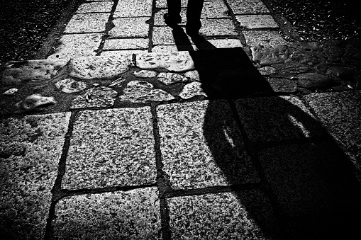 Image of a man's shadow reflected on a stone pavement