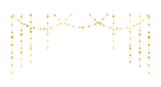 Vector illustration of Vector horizontal border of abstract gold string light garlands. Festive decoration with shiny Christmas lights. Glowing bulbs of the different sizes.