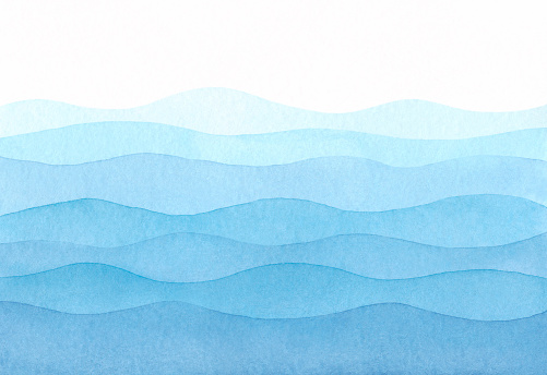 Blue, abstract, watercolor background with a panoramic view of the waves of the sea or ocean with a gradient. Drawn by hand. For banner, template, as a design element with place for text.
