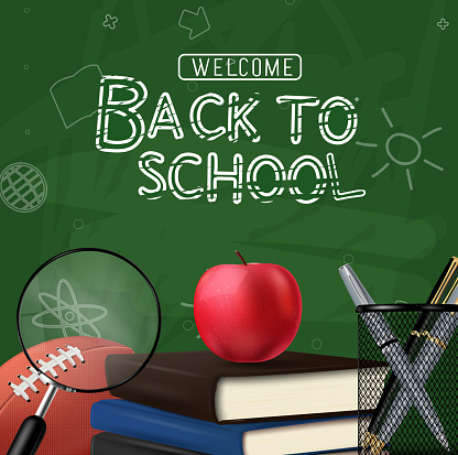 Back to school text vector design. School educational element books, ballpen and magnifying glass in chalkboard background. Vector illustration education concept.