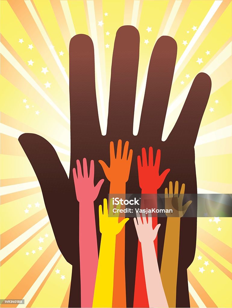 Seven Hands Up Illustration of a silhouetted hands raised in unity inside the large hand with rays of hope shining out of the background. Every image is placed on separate layer for easy editing. High resolution JPG and Illustrator 0.8 EPS included. Altruism stock vector