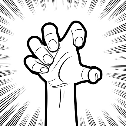 Design Vector Art Illustration.
A human hand reaching out to grab something, in the background with radial manga speed lines.