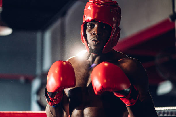 istock Boxer preparing for training in Boxing Club. Confident boxer standing in pose and ready to fight. Boxing fighters training at gym 1493406300