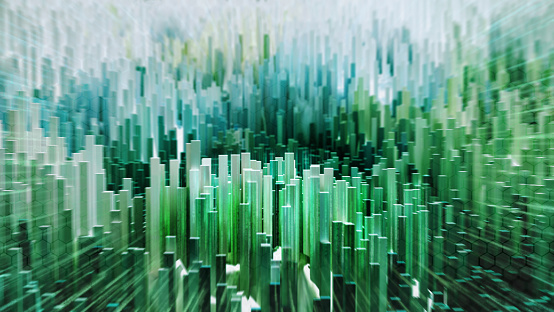 Green data cubes arranged in a row. Business process abstract.