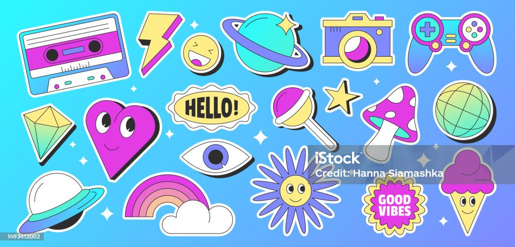 90 Sticker Vector Retro Style Sticker Pack With 90s Elements Stock Illustration ...