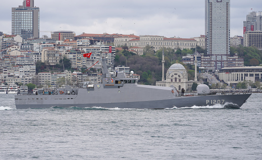 ISTANBUL, TURKIYE - APRIL 23, 2023: TCG Tekirdag Ship passing Bosphorus
