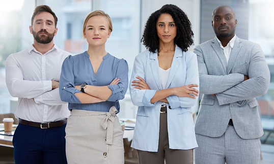 Diversity team, management and corporate portrait of business people in office for teamwork success. Men and women in leadership together for company growth, development and mission with solidarity