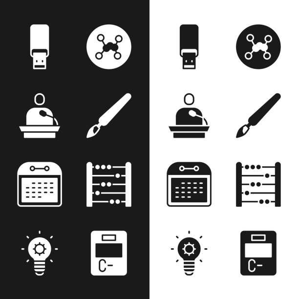 zestaw pędzla malarskiego, wykład, pendrive, wzór chemiczny, kalendarz, abacus, arkusz egzaminacyjny z błędnymi odpowiedziami i ikonę żarówki. wektor - structural formula audio stock illustrations