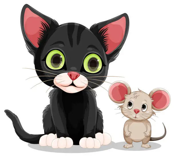 Vector illustration of Black cat and little mouse