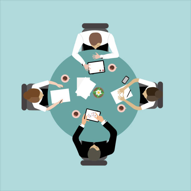 illustrazioni stock, clip art, cartoni animati e icone di tendenza di design piatto di riunioni aziendali analitiche sull'illustrazione superiore - design piatto di riunioni aziendali analitiche sullillustrazione superiore