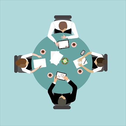 Analytic business meeting flat design on top illustration